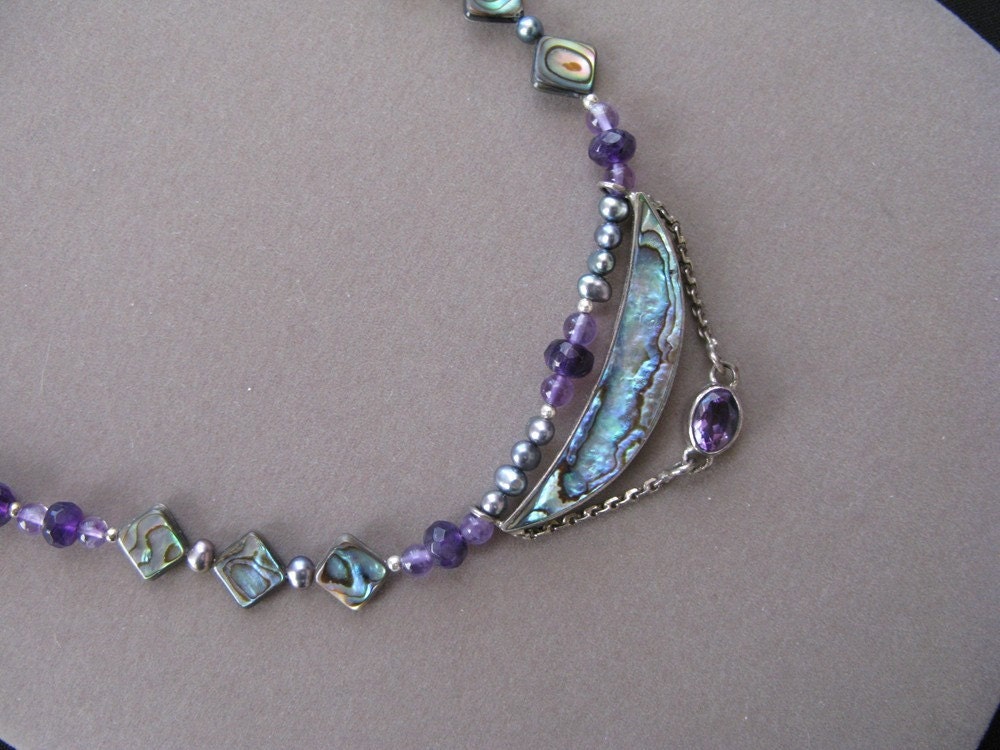 Handmade Abalone and Amethyst Necklace and Earrings