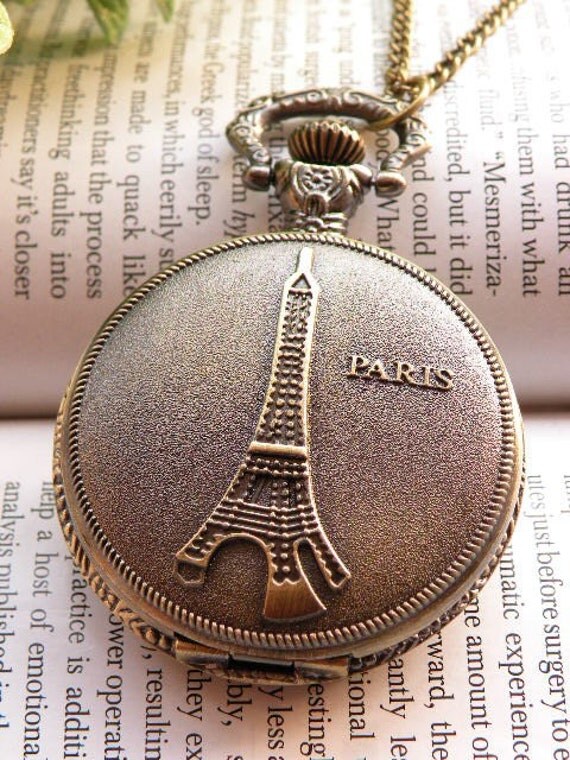 Retro copper paris eiffel tower pattern pocket watch necklace pendant jewelry vintage style