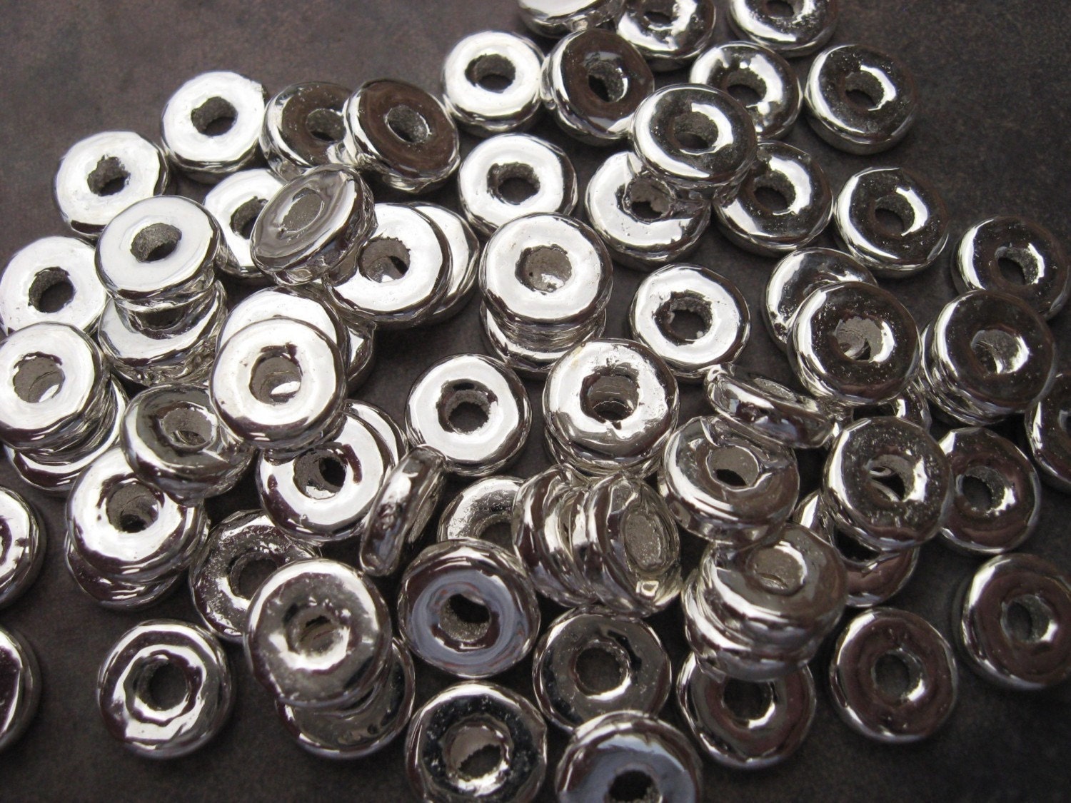 50 SILVER 8mm Round Washers - Greek Ceramic Metalized Beads