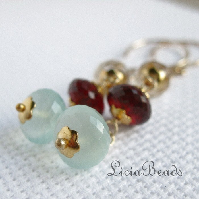 Garnet, Aqua Chalcedony and Quartz gemstone dangle earrings in 14K gold filled