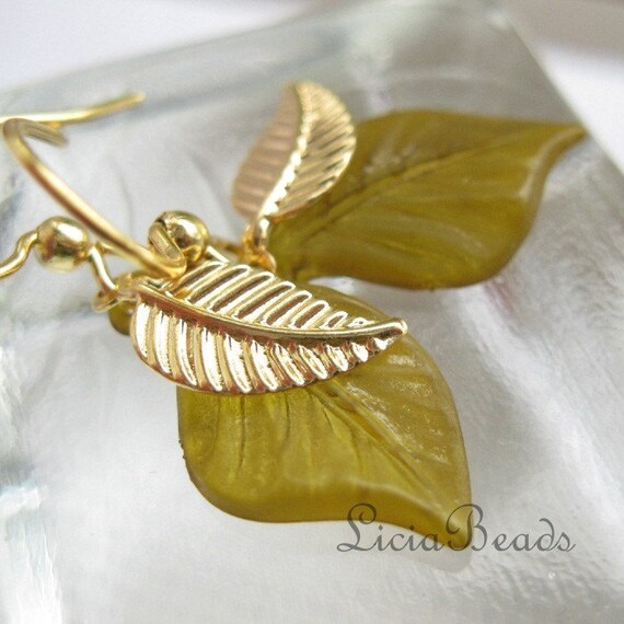 Deciduous - olive green and gold leaf earrings