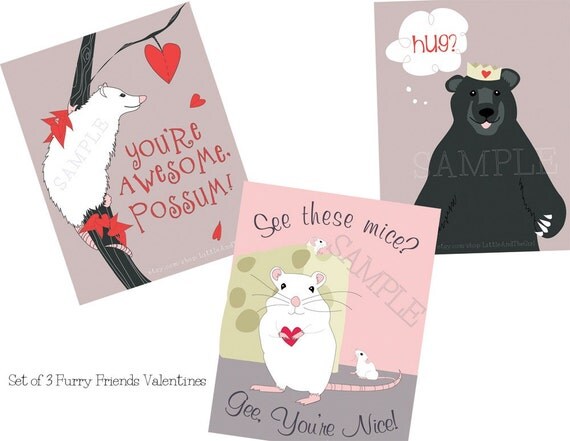 Valentines Set: 3 Furry Friends Printable School Valentines