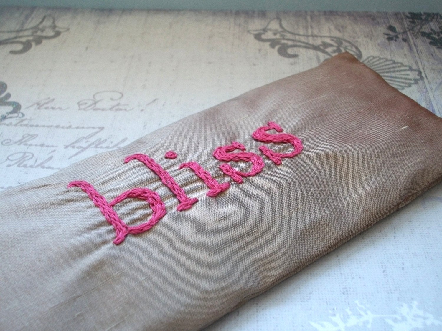 Lavender and Flaxseed Eye Pillow in Dupioni Silk with Hand Embroidery by Dolce Dreams