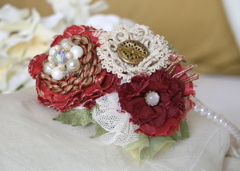 Cranberry Ruby Red and Ivory Flower Fascinator Headband