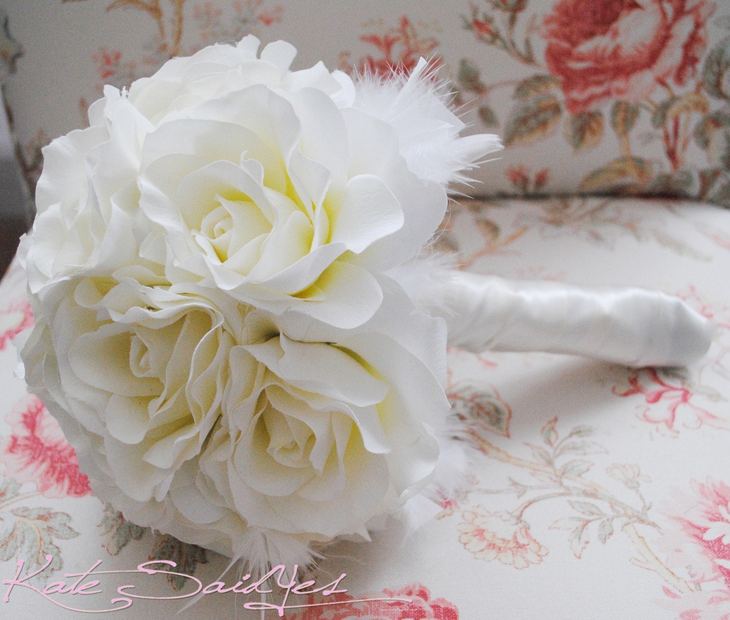 Wedding Bouquet Ivory Rose Silk Bridal Bouquet with Feather Accents