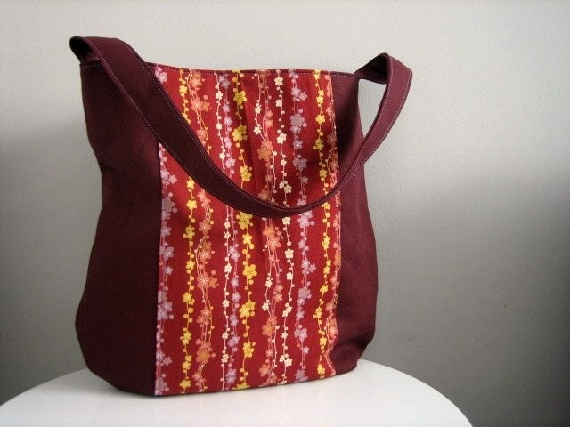 Rounded Shoulder Tote Bag - Burgundy Floral Blossom
