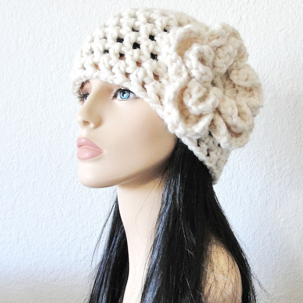 DIVA HAT - Timeless Hand Crocheted Romantic Hat with Ruffled Flower in Winter White.