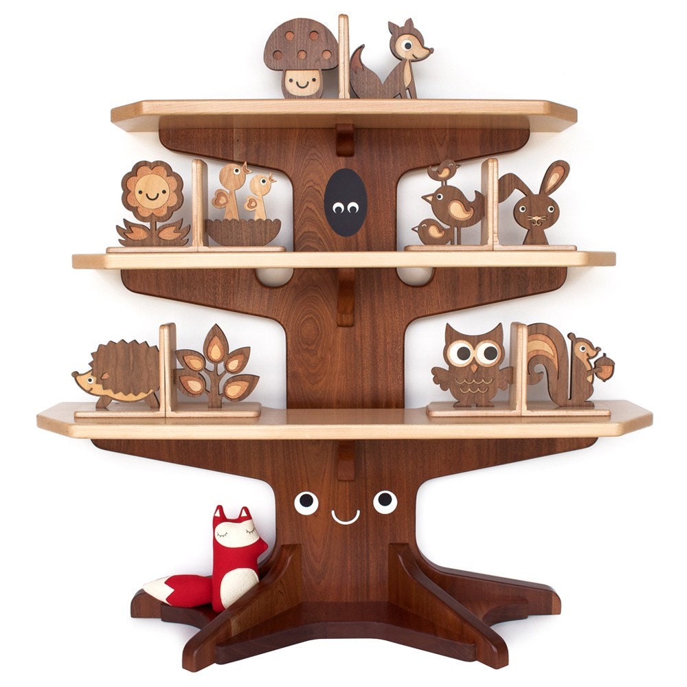 Happy Tree Bookshelf with 4 Wood Animal Bookends