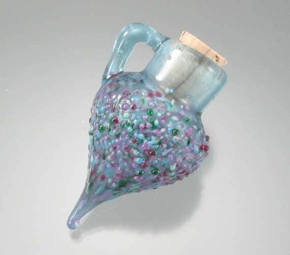 Blue Speckled Blown Glass Vessel Pendant, Fire-n-Sand Lampwork