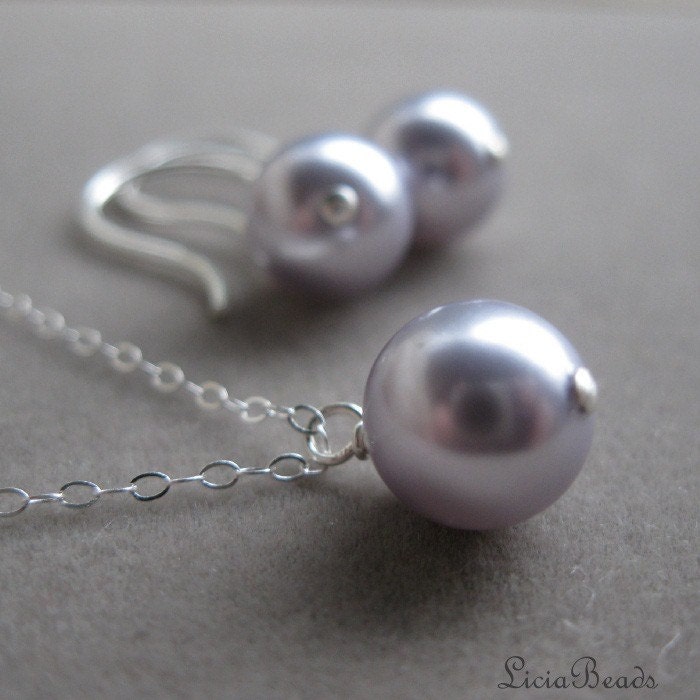 Bridesmaid Jewelry Sets - Sterling silver, Lavender pearl necklace and lavender pearl earrings