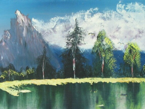Mountain Lake Painting Acrylic Vintage 1980s