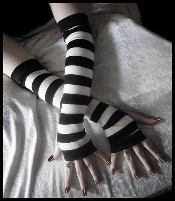 Coma White Arm Warmers - Black & White Striped Cotton - Belly Dance Bellydance Chic Classic Emo Vampire Gypsy Romantic Yoga Light Hooping