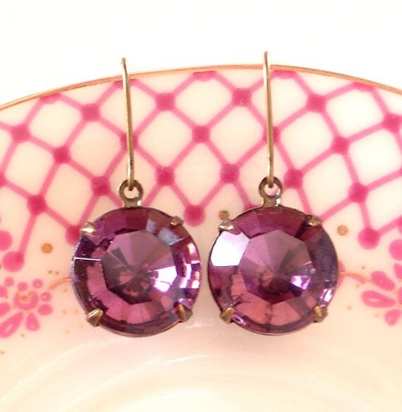 Vintage Round Rhinestone Earrings-Amethyst