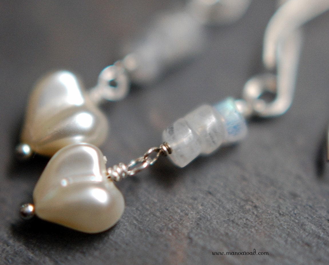 Heart on a String Earrings - Moonstone, Vintage Glass, Sterling Silver