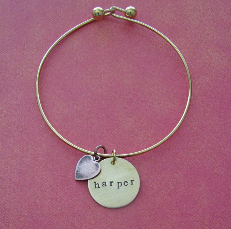 brass bangle bracelet with personalized name charm