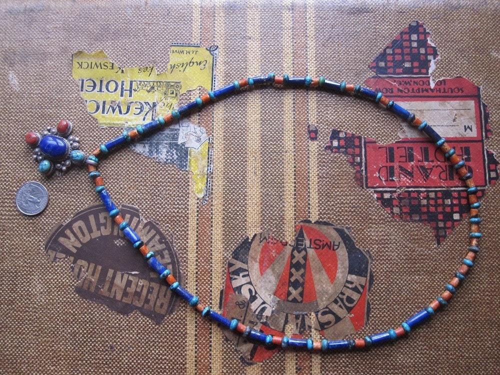 Antique Silver/Lapis/Coral/Turquoise Pendant on Lapis/Turquoise/Coral Necklace
