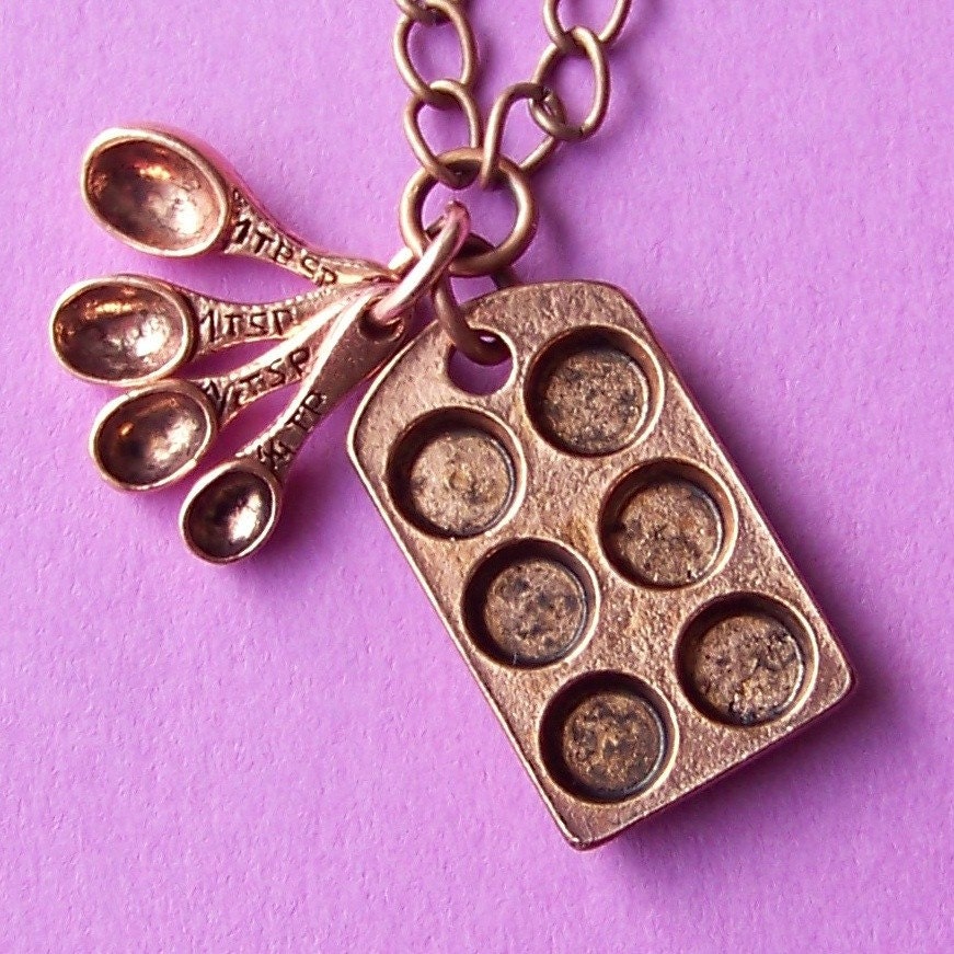 Antiqued Copper Bakers Charm Necklace with Miniature Cupcake Baking Pan and Tiny Measuring Spoons