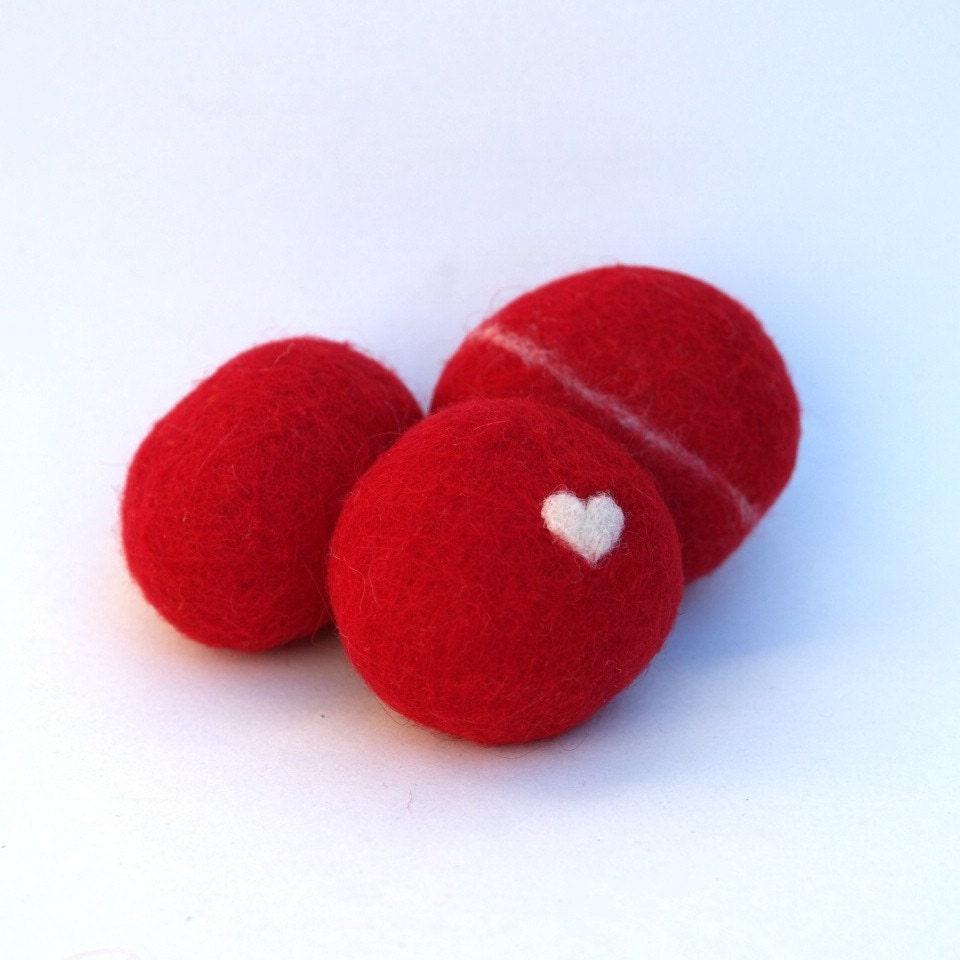 Felted Rocks, colorful handmade all natural wool felt home decor love heart housewares paperweight stone pebble dude hostess gift RED 3