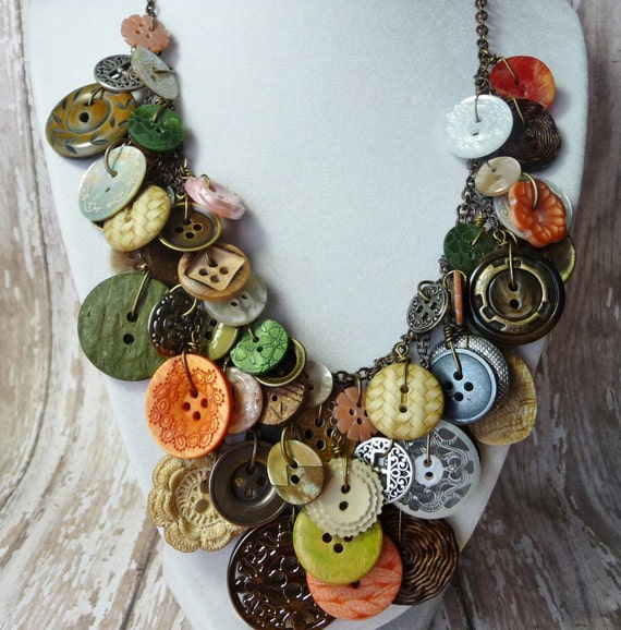 Bountiful Buttons - Moss Green/Salmon/Oatmeal buttons on brass chain - Nominated for "Design of the Year"