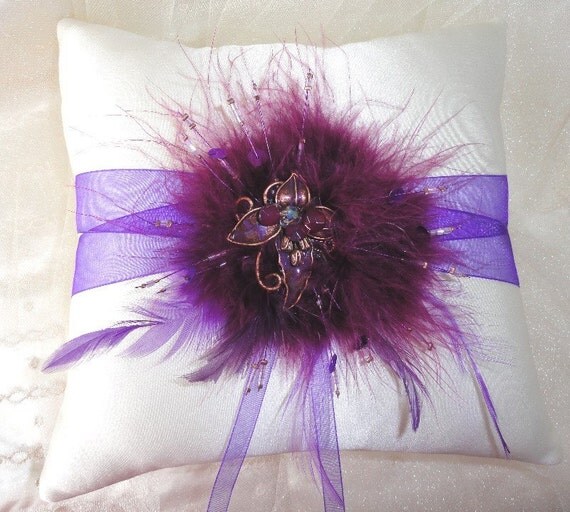Purple-Ivory Satin Feather Ring Bearer Pillow