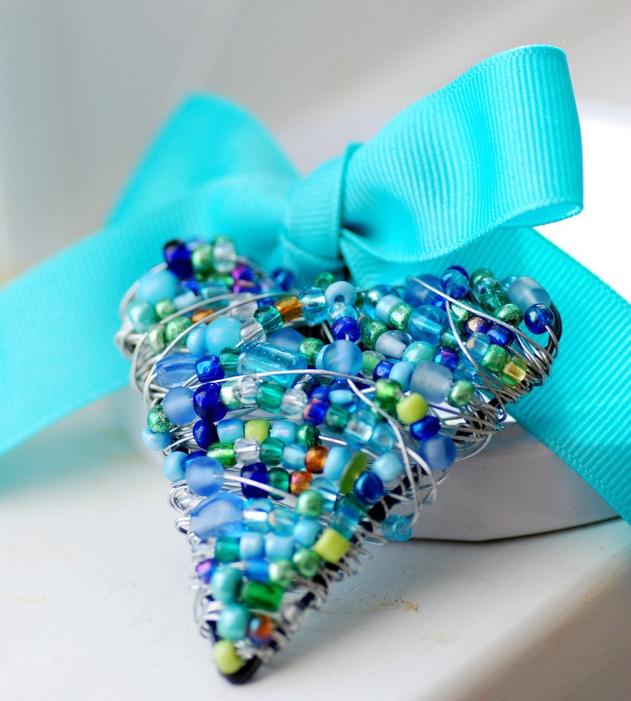 Beaded Wire Heart, Blue and Green Wire Wrapped Ornament, Decoration or Suncatcher - Missing You