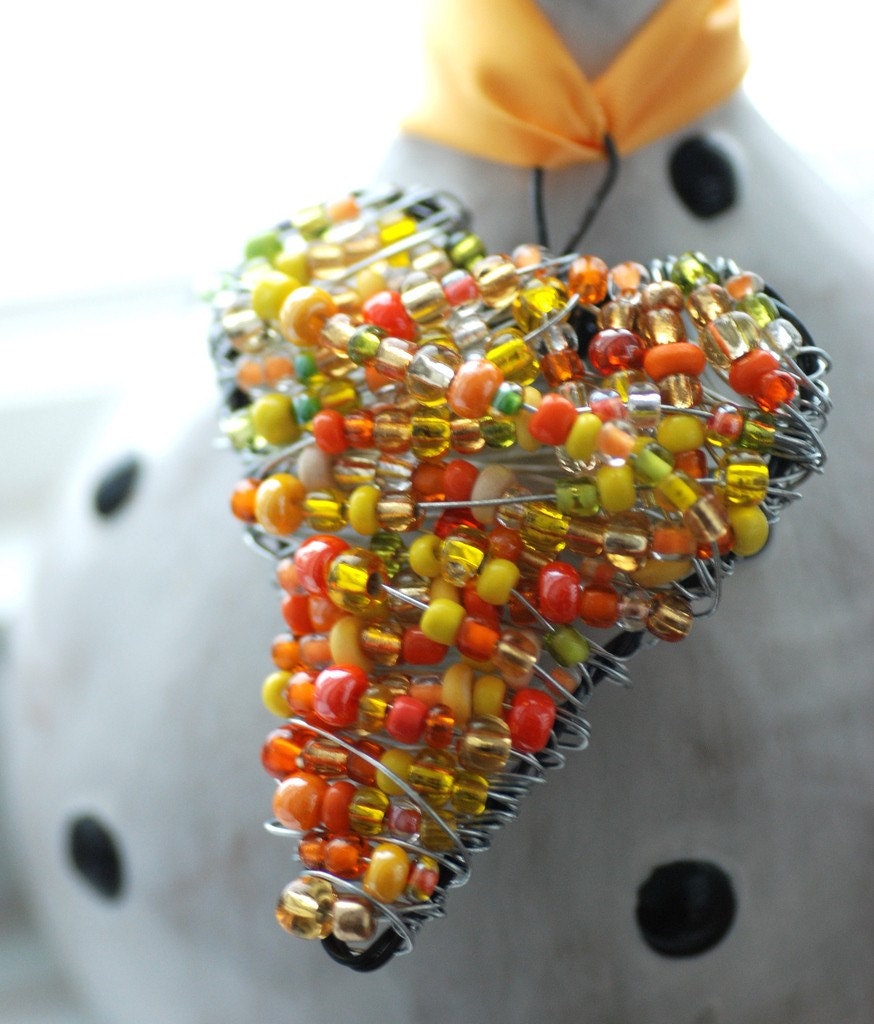 Wire Heart Ornament, Yellow, Orange and Lime Green Wrapped Heart Beaded Ornament, Lightcatcher or Decoration - Juicy