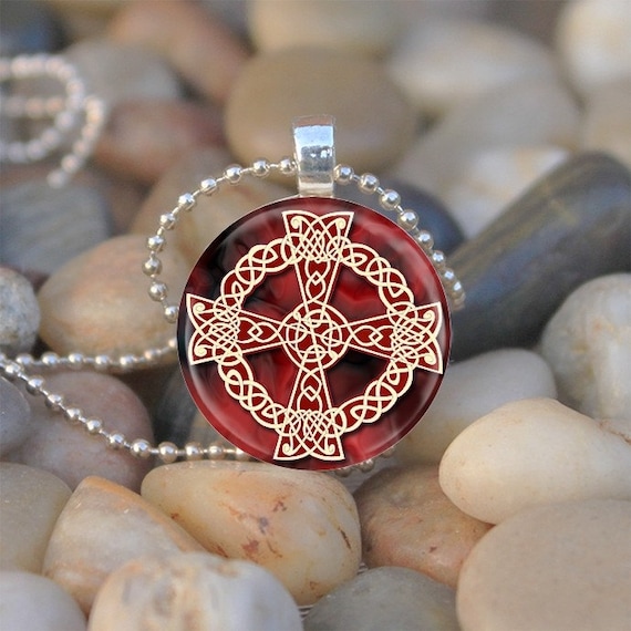 Red and Gold Celtic Cross (CCH1) - glass tile pendant