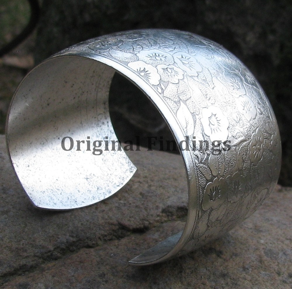 Cuff Bracelet Blank Etched Flower Antique Silver 1 1/2 inch Style No. 1100