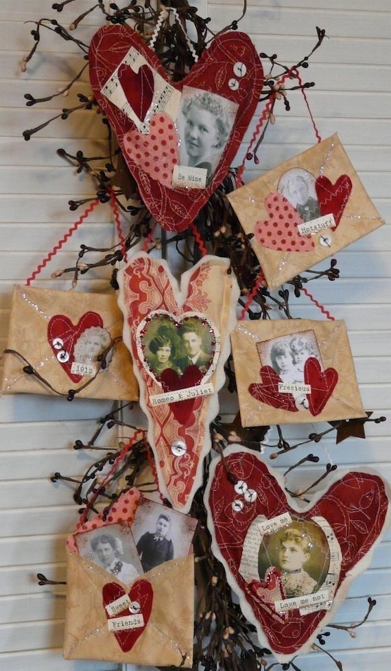 Primitive Valentine Altered Art Hearts Envelope E Pattern  - pdf email letter tokens of my affection old photos sayings words decor