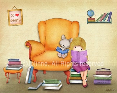 Books art prints for children, baby room art, Library wall art, Girl and cat reading books , etsy kids art, reading room decor (V1)