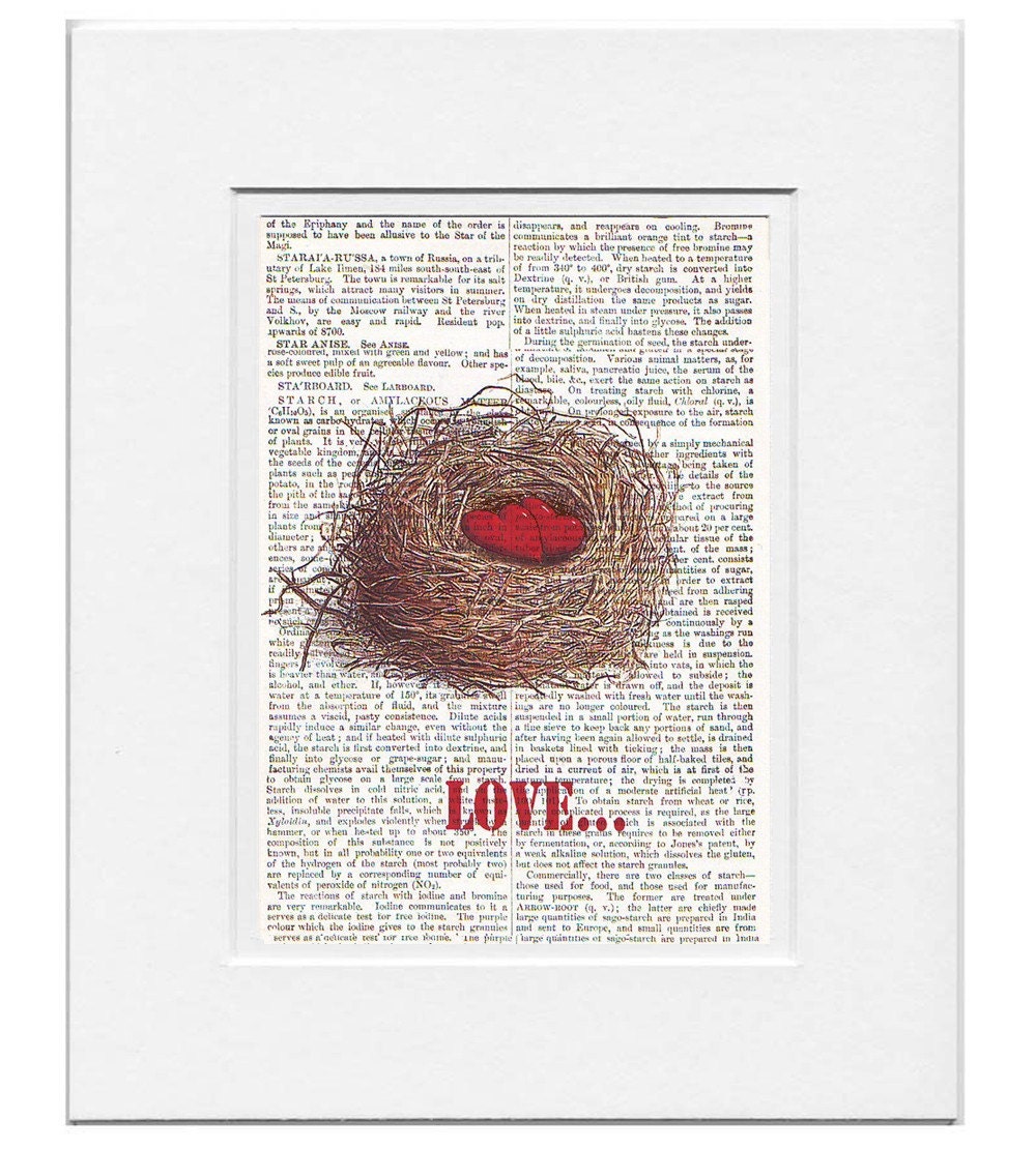 LOVE Nest - ORIGINAL ARTWORK  printed on Repurposed Vintage Dictionary page- Free Domestic Shipping