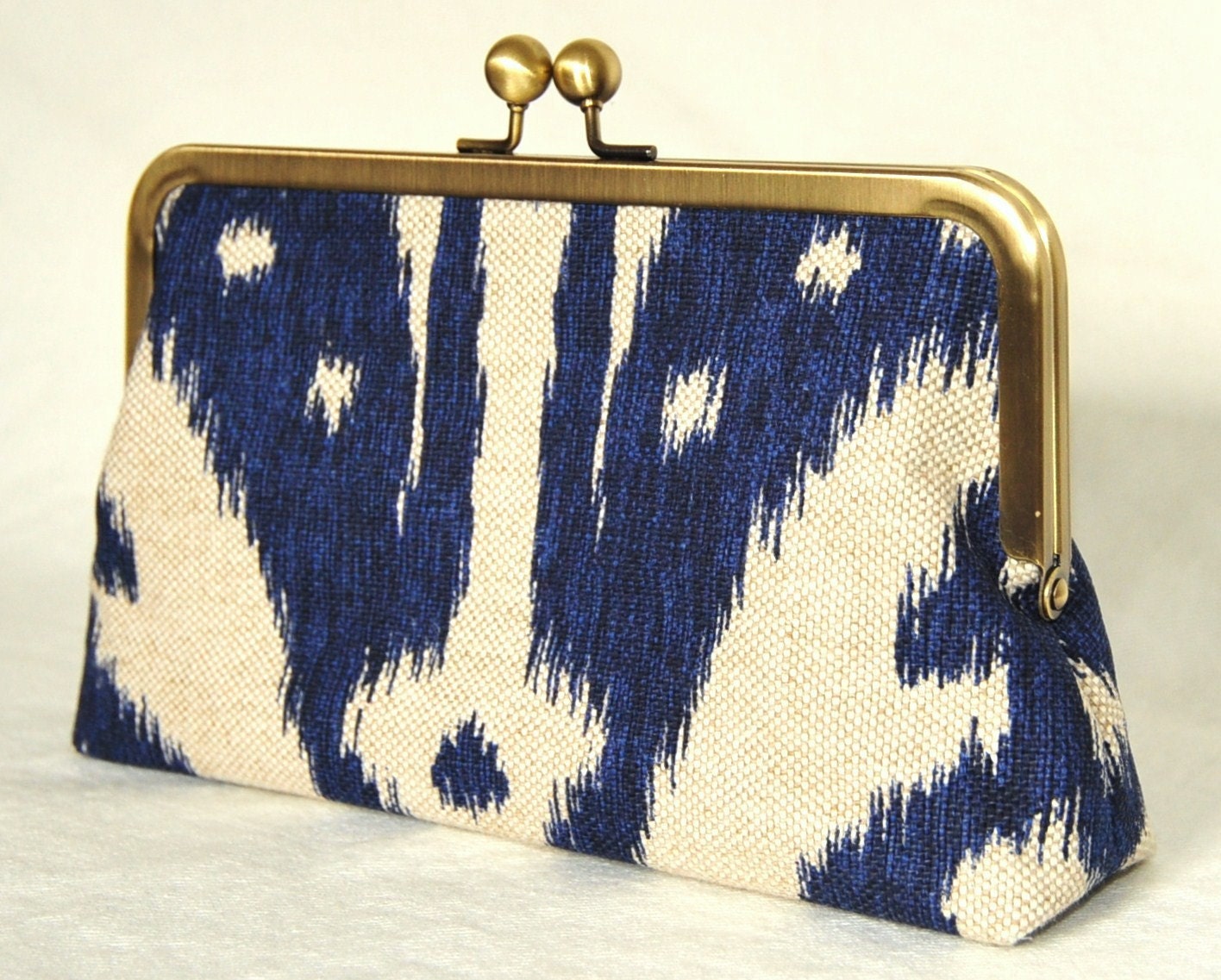 IKAT Print - Kisslock - Clutch Purse - 8 inch wide - Designer Fabric - Blue - Bag - Clutch Bag - Clutch Purse with Frame