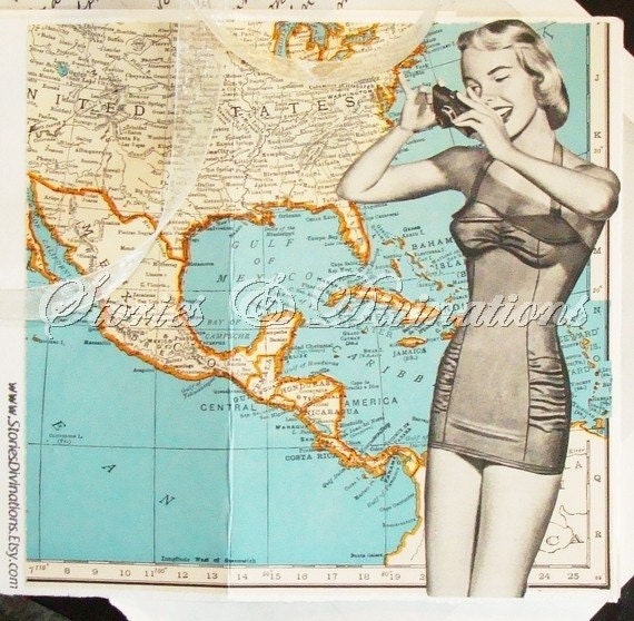 Vacation Fun - Vintage Maps Collage Card - Florida - Carribean - Virgin Islands - Bermuda