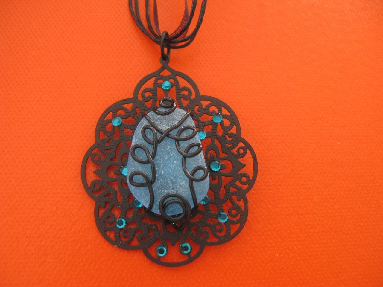 Turquoise Sea glass black filigree necklace gothic