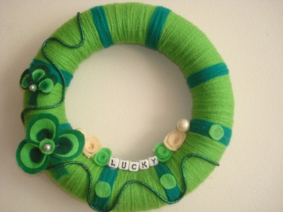 Handmade Yarn St. Patricks Day Wreath-Lucky-10 in wreath