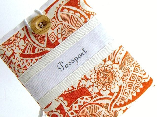 Passport Cover ,  Tangerine Fabric , Floral , Pocket Style - jackandbeedesigns
