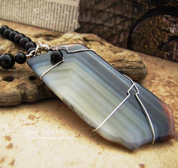 Striped Agate Sterling Silver Wire Wrapped Necklace "Zebra"