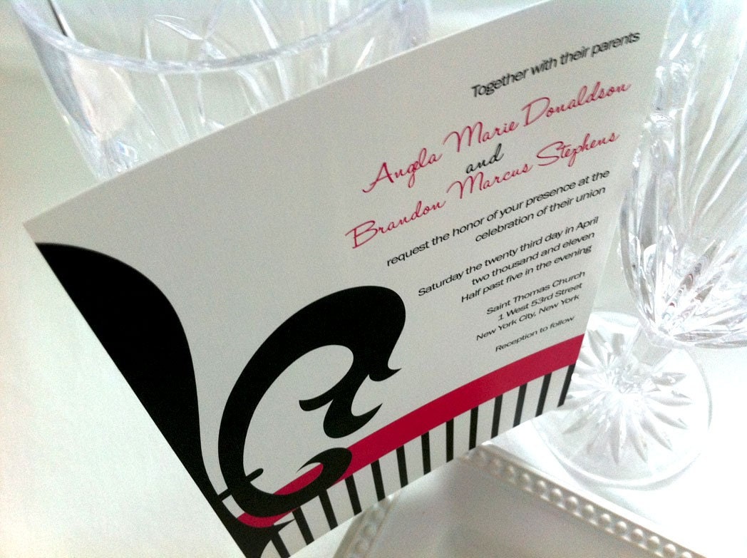 Modern Fleur De Lis Sample Wedding Invitation in Pink and Black on Linen 