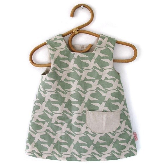 Skinny laMinx Smock Dress for 2-3 year old - Cloudbirds, in verdigris