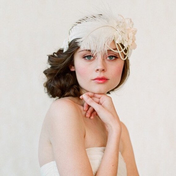 Wedding headband bridal hair piece feather pearl Flapper inspired 