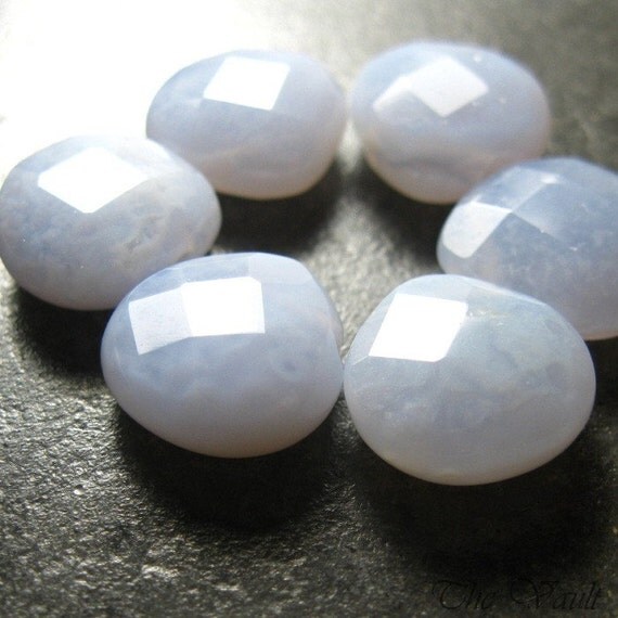 Cloud Blue Chalcedony faceted heart briolettes, 13mm, 6 gemstone briolettes