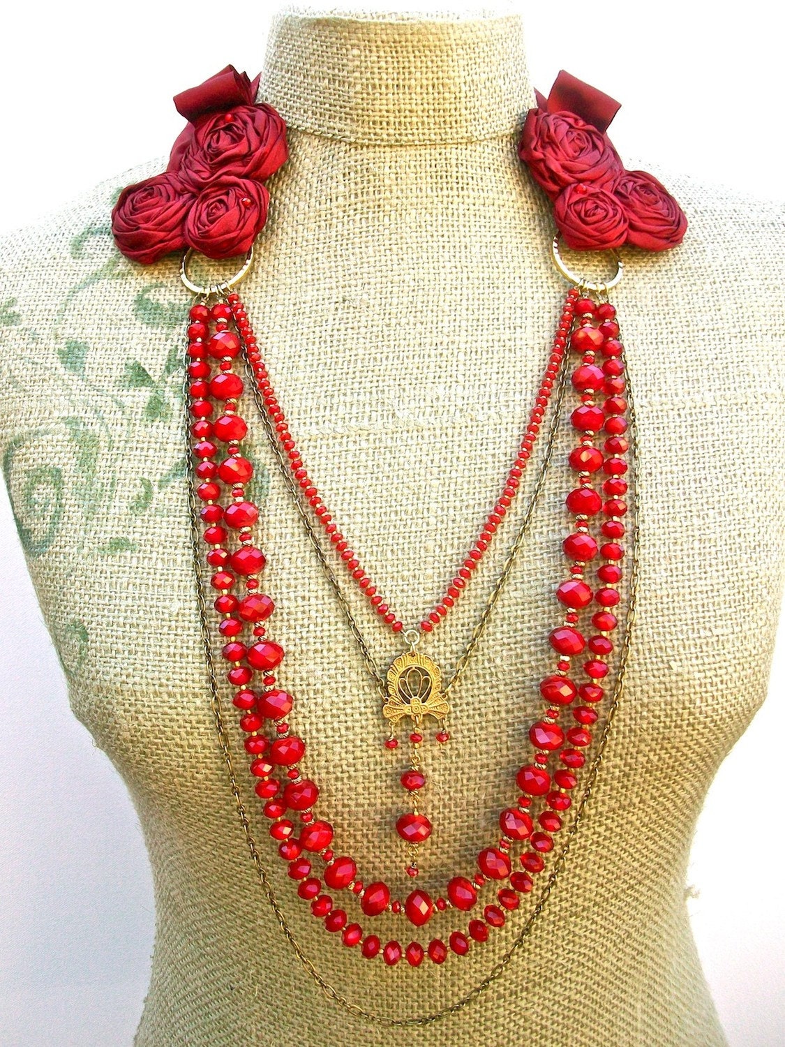 Carmen- tie necklace with Ruby Quartz, Vintage Filigree medallion, and Silk Rose Epaulettes and ties