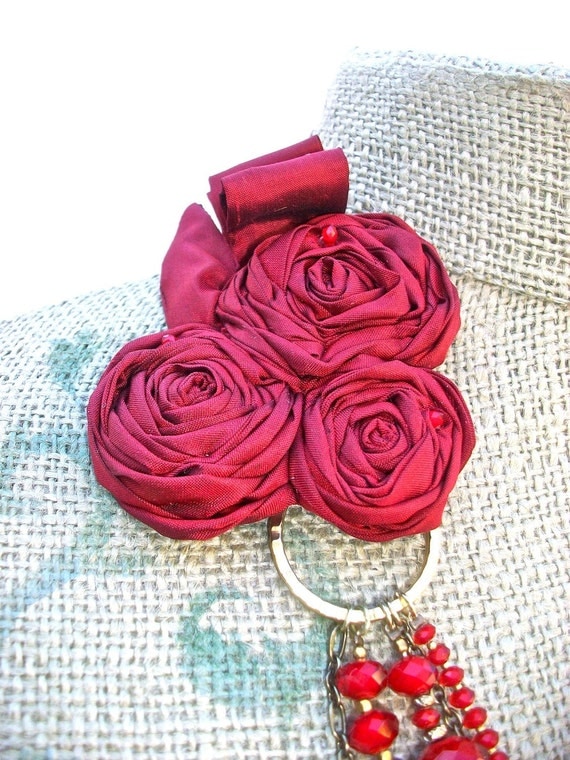 Carmen- tie necklace with Ruby Quartz, Vintage Filigree medallion, and Silk Rose Epaulettes and ties