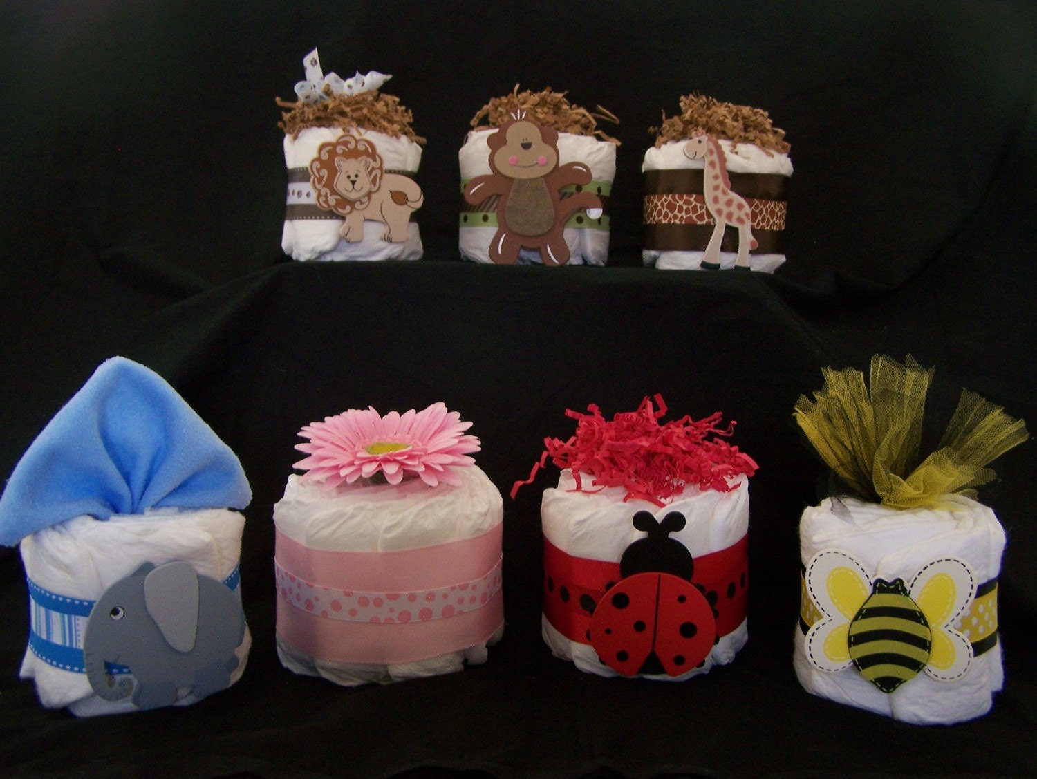 Mini Diaper Cakes Centerpieces Baby Shower ideas Baby Shower gifts Monkey Flower Giraffe Lion Bumble Bee Ladybug