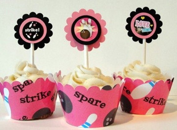 Pink Bowling cupcake Toppers