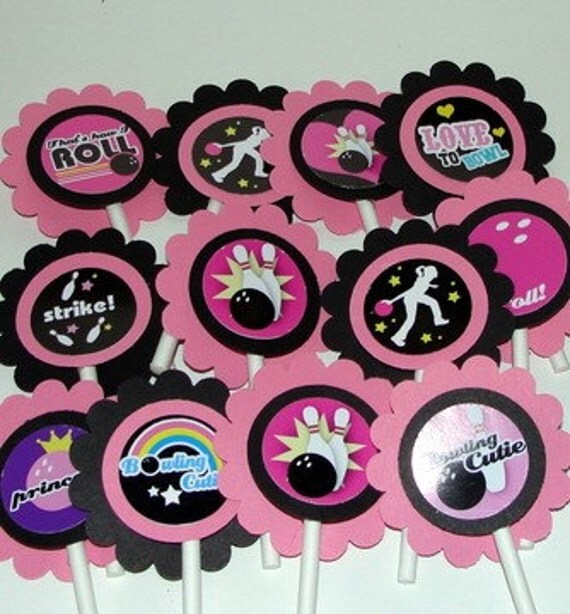 Pink Bowling cupcake Toppers
