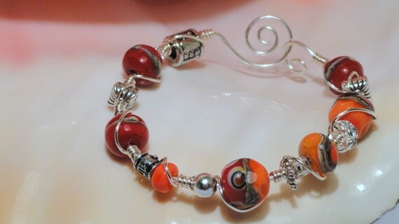 Turn Up The Heat Crimson Red Orange Bracelet Wire Wrapped Lampwork Bead
