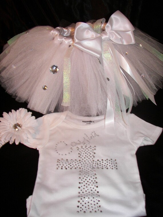 Shimmery White Baptismal Tutu Set--Perfect for parties, princesses, Lots of BLING--