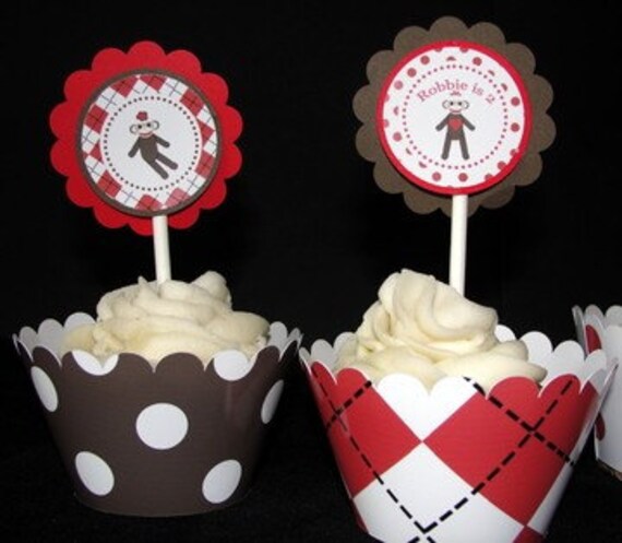 Personalized Boy Sock Monkey Cupcake Kit for Boy Birthday Party Boy Baby Shower in Red and Brown