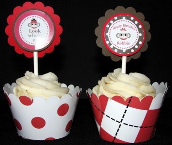 Personalized Boy Sock Monkey Cupcake Kit for Boy Birthday Party Boy Baby Shower in Red and Brown